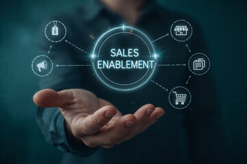 Fototapeta premium Sales enablement concept with icons representing marketing promotion and customer service support