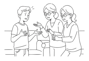 Child in casual clothes, anxious mood, explaining to concerned parents, line drawing 