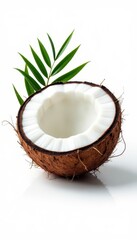 Coconut half with leaves isolated on white background, natural tropical element, organic texture, organic, nature