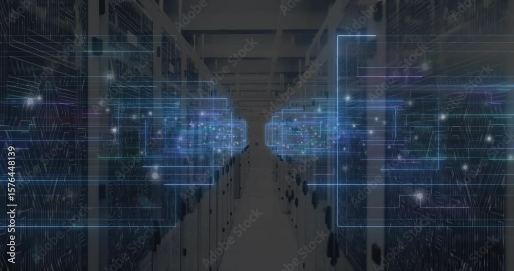 Poster blue holographic nodes materializing along server racks, pulsing lines visualizing data flow