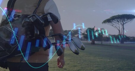 Golfer walking fairway with bag as finance chart overlay fading showing candlestick bars and trend - Powered by Adobe