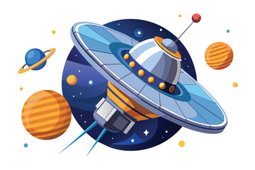 Illustration of a futuristic spaceship navigating through a vibrant cosmic backdrop with planets and stars. Perfect for themes of space exploration, sci fi, and adventure.