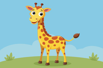 Fototapeta premium Adorable cartoon giraffe standing happily on a green hill against a clear blue sky. Perfect for childrens illustrations, educational materials, and playful designs.