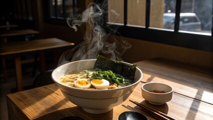 Delicious Ramen Bowl with Steaming Broth and Egg Near Window for Warmth and Authenticity