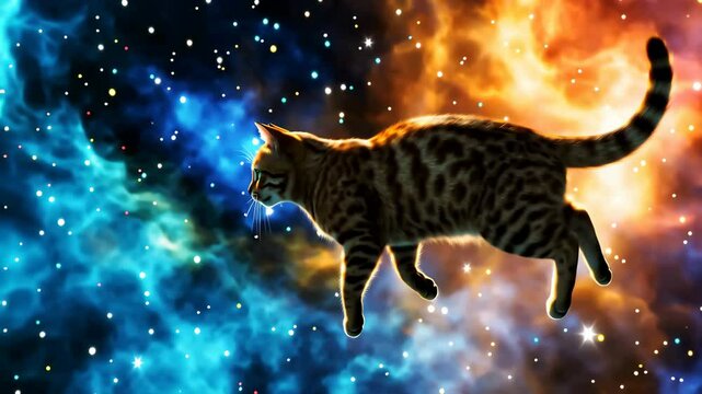 a cat floating in space, a nebula and stars