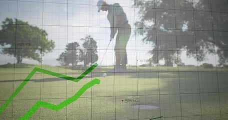 Golfer aiming at hole, putting on green, animating grid graphs updating speed for golf analytics - Powered by Adobe