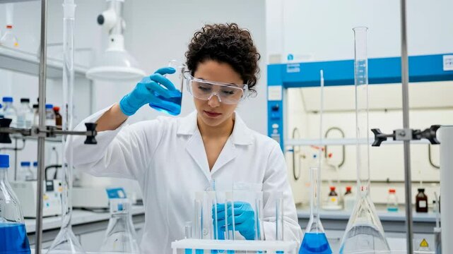 Woman scientist in lab coat conducting experiment with blue liquid in beaker. Chemical research, laboratory analysis, and scientific discovery concept in modern facility - Powered by Adobe