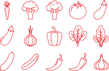 Thin Line Vegetable Vector Set - Broccoli, Potato, Onion & 12 More (EPS)