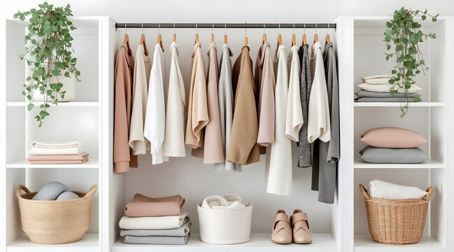 Scandinavian style open wardrobe with color coordinated beige and gray clothes, cozy shoes, pillows, and plants creating calm and organized space
