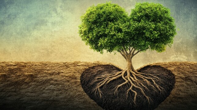 Heart-shaped tree roots and crown symbolize love for nature and environmental care.