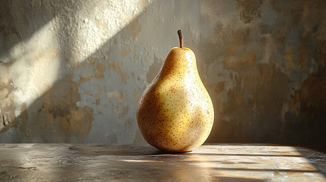 Single Pear on Wooden Table with Natural Light and Shadows