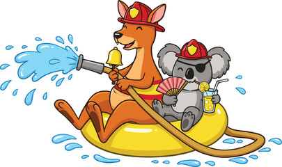 Cartoon kangaroo and koala cad drawing flat vector illustration, animals in firefighter helmets on pool float,