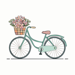 stylized bicycle with basket of flowers icon in flat design symbolizing carefree summer rides and blossoming nature