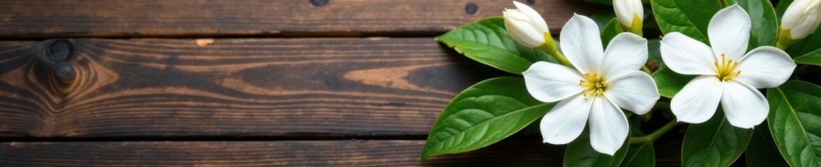 Fragrant jasmine blossoms in a rustic wooden corner arrangement , wood, tranquil, vintage