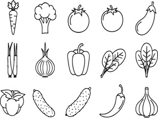 Thin Line Vegetable Vector Set - Broccoli, Potato, Onion & 12 More (EPS)