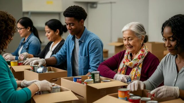 Diverse group of volunteers packing donation boxes at community center. Intergenerational teamwork for charity. Senior and young people working together for social good. - Powered by Adobe