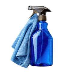 Blue spray bottle with a blue cloth hanging from it