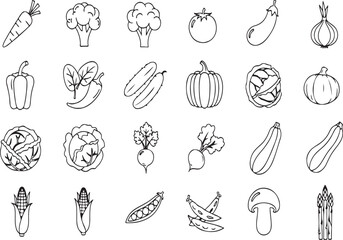 Thin Line Vegetable Vector Set - Broccoli, Potato, Onion & 12 More (EPS)