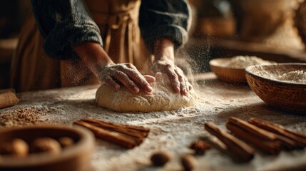Cozy Thanksgiving preparation with hands kneading dough in warm kitchen light