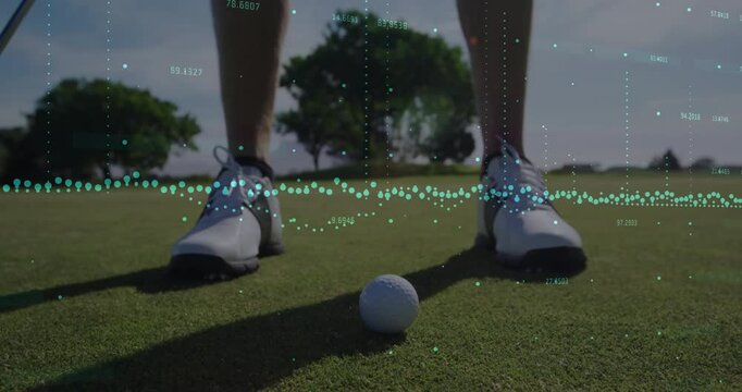 Male golfer initiating backswing on green, with data overlay pulsing analytics for putt accuracy