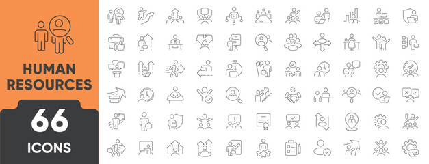 HR, Human Resources Line Icon Set. Set of 66 outline icons including recruitment, resume, employee, teamwork, skills, performance, and training. Editable stroke. Linear vector illustration.