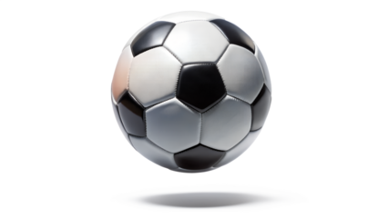 A classic black and white soccer ball suspended in the air, casting a subtle shadow on a transparent background