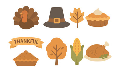 Thanksgiving icon set featuring turkey, pilgrim hat, pie, and autumn elements for festive designs
