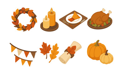 Thanksgiving themed decor collection featuring pumpkins, candles, and wreath for festive celebrations