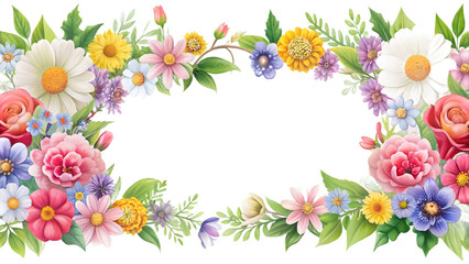 A beautiful floral border with various colorful flowers and green leaves on a transparent background