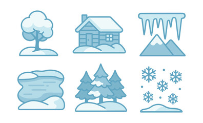 Minimalist winter icons featuring snowy landscapes for seasonal design projects