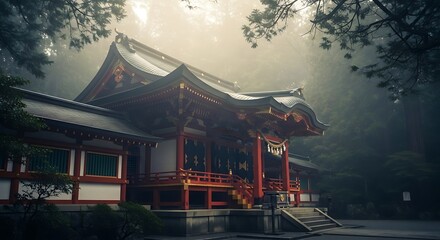 Misty morning serenity at a traditional japanese shrine amidst lush green forest trees