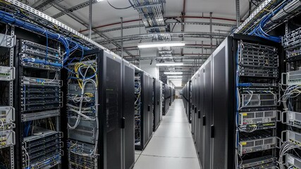 Data center interior with server racks and networking equipment. Modern technology infrastructure for cloud computing, big data storage, and internet connectivity - Powered by Adobe