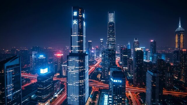 Futuristic urban night skyline with illuminated skyscrapers and glowing traffic. Aerial view of modern megacity at night. Cityscape concept for urban development and smart city.
