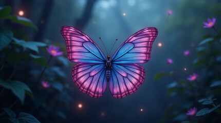 Beautiful glowing neon butterfly in the night magical forest