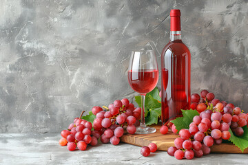 Butelka różowego wina i kieliszek z winem otoczone winogronami na tle szarego stołu