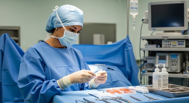 Female surgeon in sterile blue scrubs and mask meticulously prepares surgical instruments and supplies for a procedure