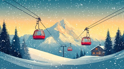 Obraz premium Ski lift, snowy mountains, winter, sunset, picturesque