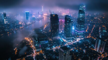 Obraz premium Foggy Cityscape Night Aerial View, River, Lights, Skyline, Modern Architecture, Urban, Future, Technology, Design