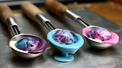 Three scoops of multi-colored ice cream with a galactic pattern, served on metal spoons with wooden handles