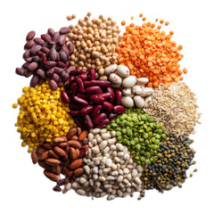 Variety of different colored beans and nuts are piled together