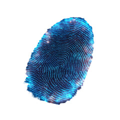 A vibrant blue fingerprint with sparkling particles, isolated on a transparent background, representing personal identification and digital security