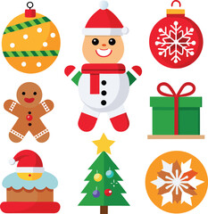 Flat Christmas Icon Set – Santa, Snowman, Gifts, Candy Cane, Snowflake, Gingerbread & Decorations