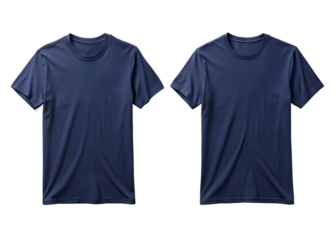 Two navy blue shortsleeved crew neck tshirts shown from the front, isolated on a transparent background