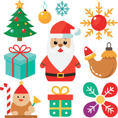 Naklejka premium Flat Christmas Icon Set – Santa, Snowman, Gifts, Candy Cane, Snowflake, Gingerbread & Decorations