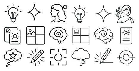 Fototapeta premium Series of icons with a pencil and a light bulb. The pencil is used for drawing and the light bulb is used for thinking