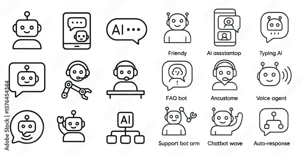 Poster collection of robot icons with a variety of features and functions. the icons include a robot with a