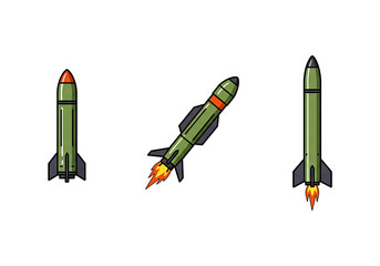Isolated 3D cartoon rocket illustrations of military missiles, shells, and red bullets on white