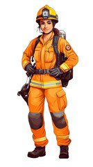 Fototapeta premium Female firefighter wearing orange uniform with equipment and helmet 