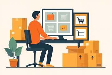 Fototapeta premium A person sits at a desk, interacting with a computer displaying shopping cart icons and a smiling package. Boxes and a plant surround the workspace, suggesting e-commerce or logistics.