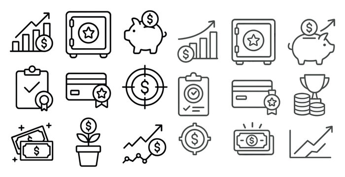 Collection of financial symbols including a piggy bank, a safe, a credit card, and a checkbook
